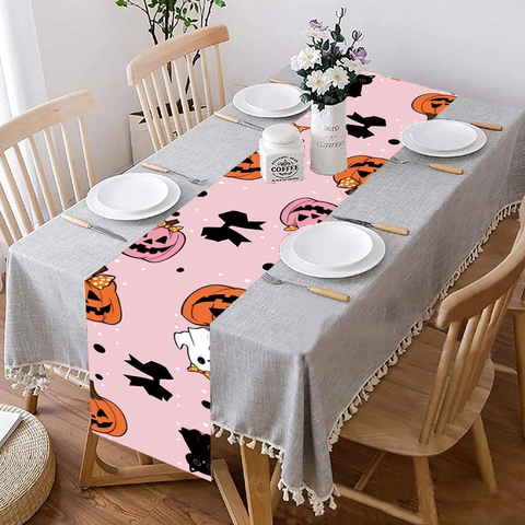 Pink Halloween Table Runner Polyester Pumpkin Ghost Bat Printed Party Dining Table Decoration Cute Festive Home Decor