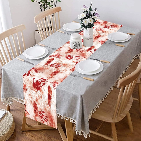 Halloween Runner da Tavola con Impronte di Mano Insanguinate Poliestere Horror Schizzi di Sangue Decorazione per Tavola