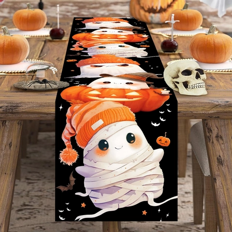 Halloween Table Runner Cute Cartoon Ghost Pumpkin Mummy Print Polyester Fabric Table Decor For Party Home Dining Room Black
