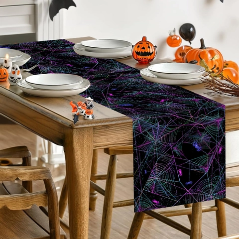 Halloween Spinnenweb Tafelloper Neon Paars Cyaan Patroon Polyester Stof Voor Eetkamer Feest Tafeldecoraties