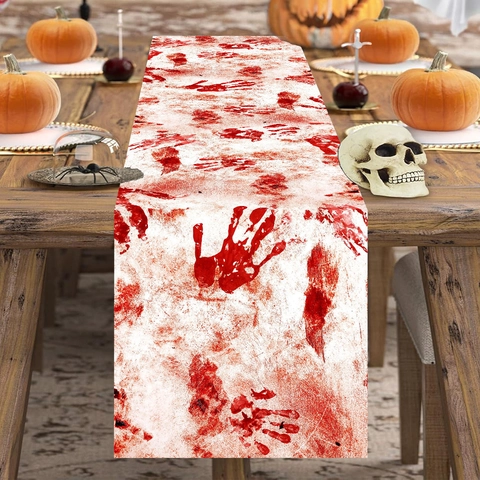 Halloween Runner da Tavola con Impronte di Mano Insanguinate Poliestere Horror Schizzi di Sangue Decorazione per Tavola