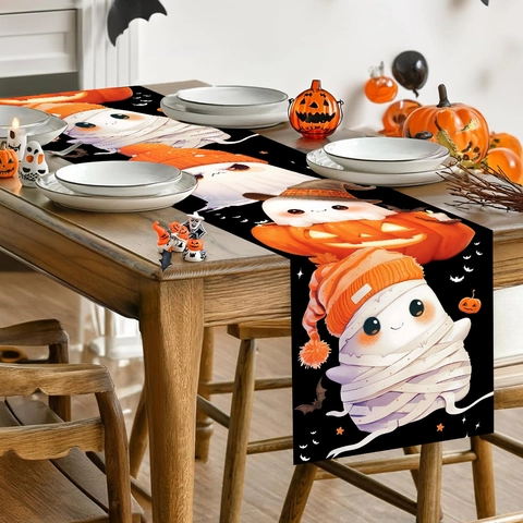 Halloween Table Runner Cute Cartoon Ghost Pumpkin Mummy Print Polyester Fabric Table Decor For Party Home Dining Room Black