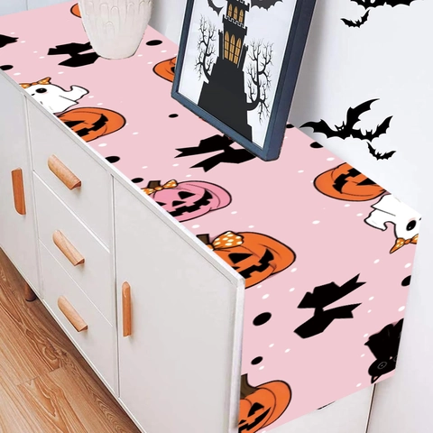 Pink Halloween Table Runner Polyester Pumpkin Ghost Bat Printed Party Dining Table Decoration Cute Festive Home Decor