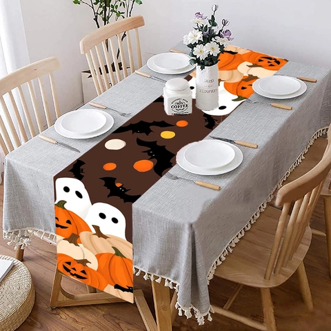 Halloween Table Runner With Pumpkin Ghost Bat Pattern Polyester Fabric Tablecloth Decoration For Restaurant Party Home