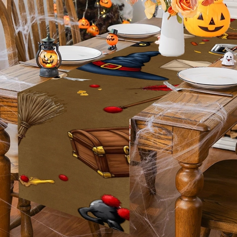 Brown Halloween Table Runner Magic Wizard Hat Pattern Polyester Tablecloth For Restaurant Party Home Festive Decoration