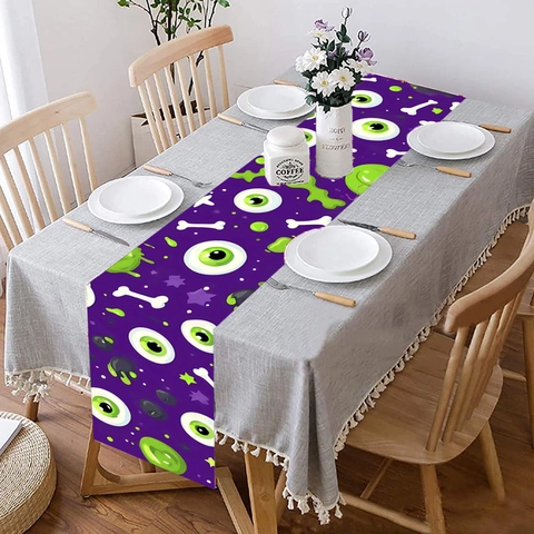 Chemin de Table Halloween Violet Motifs Globes Oculaires et Os Effrayants Polyester Lavable pour Décoration de Fête Salle à Manger