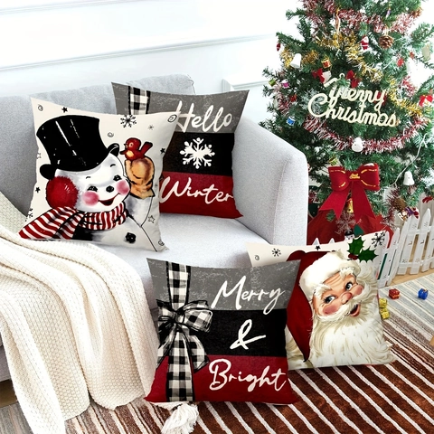 Funda de Almohada de Navidad Papá Noel Muñeco de Nieve Estampado Fundas de Cojín Decorativas Para Sofá de Casa