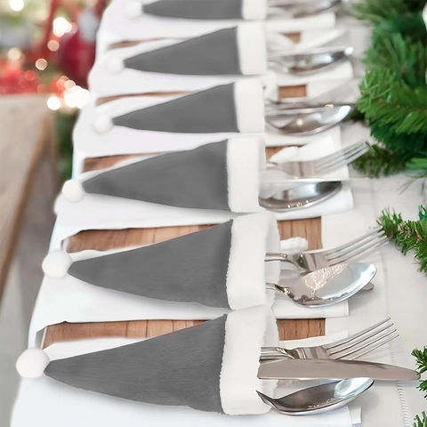 Gray Mini Christmas Hat Plush Cutlery Holder Small Santa Hat Holiday Dining Table Silverware Cover Xmas Party Decor