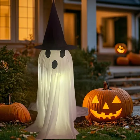 Halloween Lighted Ghost Decorations Hanging Witch Hat Glowing Ghost Outdoor Yard Party Horror Decor Polyester Spooky Props