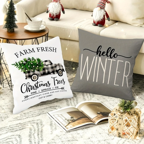 Kerst Kussenslopen Hello Winter Merry Christmas Decoratieve Kussensloop Boerderij Vrachtwagen Boom Katoen Linnen Kussenhoes