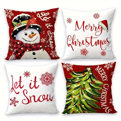 Christmas Linen Throw Pillow Cover Snowman Xmas Tree Snowflake Pattern Cushion Case For Sofa Home Living Room Decor Gift