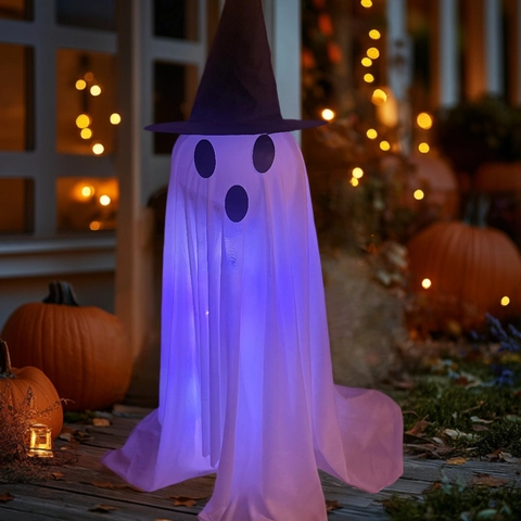 Halloween Lighted Ghost Decorations Hanging Witch Hat Glowing Ghost Outdoor Yard Party Horror Decor Polyester Spooky Props
