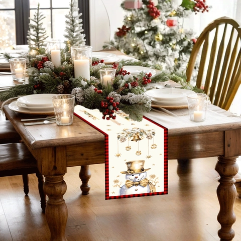 Christmas Table Runner Snowman Pattern Gold Bell Red Black Buffalo Plaid Border Decorative Polyester Tabletop For Party Home