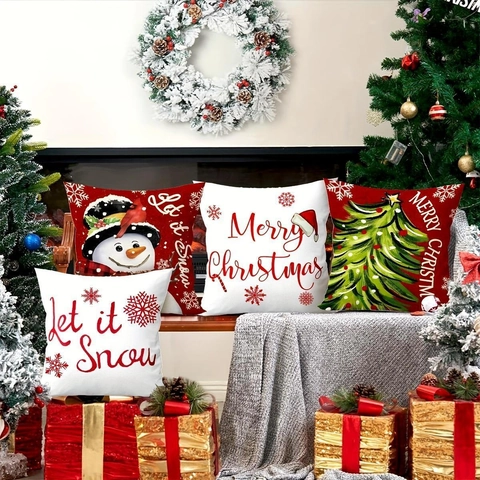 Christmas Linen Throw Pillow Cover Snowman Xmas Tree Snowflake Pattern Cushion Case For Sofa Home Living Room Decor Gift