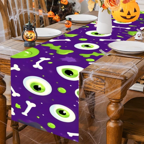 Chemin de Table Halloween Violet Motifs Globes Oculaires et Os Effrayants Polyester Lavable pour Décoration de Fête Salle à Manger