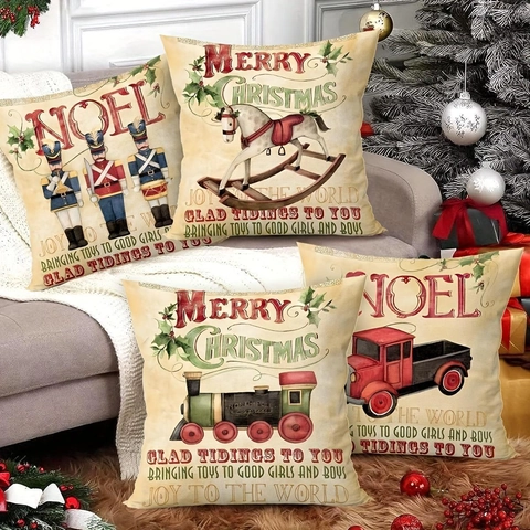 Retro Weihnachten Kissenbezüge Nussknacker Schaukelpferd Oldtimer Lkw Muster Baumwoll-Leinen Mischung Dekokissen Zuhause