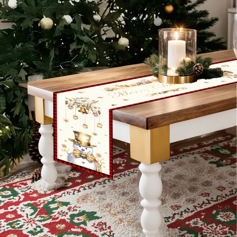 Christmas Table Runner Snowman Pattern Gold Bell Red Black Buffalo Plaid Border Decorative Polyester Tabletop For Party Home