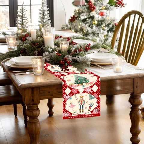 Chemin de Table de Noël Casse-Noisette Rouge Motif Losanges Flocon de Neige Merry Christmas Décoration de Table