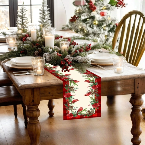 Kerst Tafelloper Rode Kardinaal Kerstster Bedrukte Decoratieve Polyester Tafelloper Met Ruitjes Rand Voor Feestdagen Huis