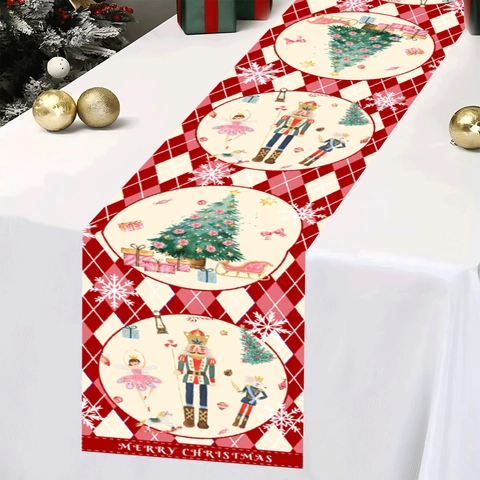 Chemin de Table de Noël Casse-Noisette Rouge Motif Losanges Flocon de Neige Merry Christmas Décoration de Table
