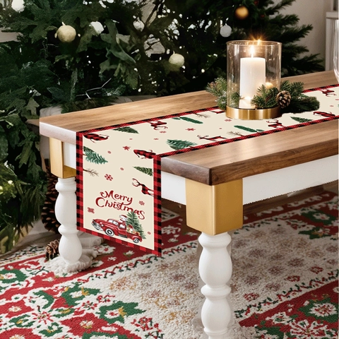 Merry Christmas Table Runner Red Truck Snowman Reindeer Pattern Buffalo Plaid Polyester Holiday Dining Table Home Decor