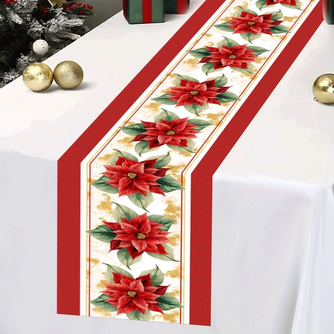Kerstmis Kerstster Tafelloper Rood Goud Bloemen Groene Bladeren Polyester Decoratief Tafelkleed Voor Vakantie Feest Huis