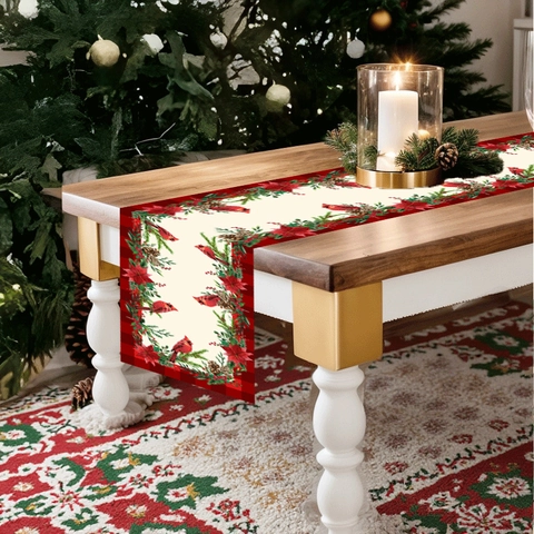 Kerst Tafelloper Rode Kardinaal Kerstster Bedrukte Decoratieve Polyester Tafelloper Met Ruitjes Rand Voor Feestdagen Huis
