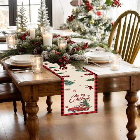 Merry Christmas Table Runner Red Truck Snowman Reindeer Pattern Buffalo Plaid Polyester Holiday Dining Table Home Decor