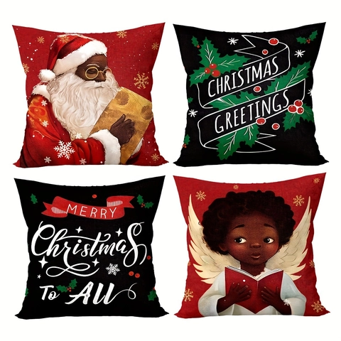 Housses De Coussin De Noël Polyester Père Noël Afro Américain Ange Motif Flocon De Neige Coussins Décoratifs Pour Maison Fête