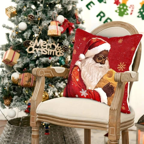 Housses De Coussin De Noël Polyester Père Noël Afro Américain Ange Motif Flocon De Neige Coussins Décoratifs Pour Maison Fête