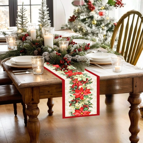 Runner da Tavolo Natalizio con Stella di Natale Alta Densità Resistente all'Usura Decorazione Floreale per Casa Festa