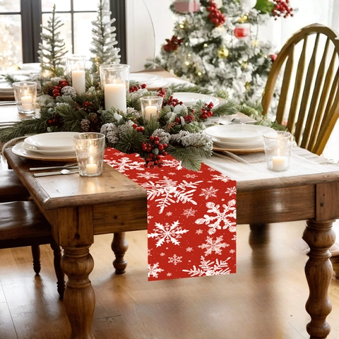 Weihnachten Schneeflocke Tischläufer Polyester Rot Festliche Tischdecke Für Esstisch Xmas Party Deko Heim Feiertag Ornament