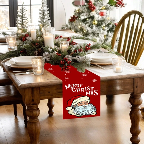 Chemin de Table Père Noël de Noël Rouge Polyester Imprimé Merry Christmas Flocon de Neige Nappe Décoration de Table de Salle à Manger Festive