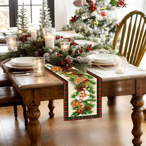 Christmas Gingerbread Man Table Runner Printed Plaid Edge High Density Wear Resistant Polyester Holiday Dining Decor