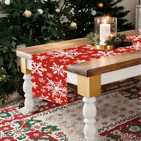 Weihnachten Schneeflocke Tischläufer Polyester Rot Festliche Tischdecke Für Esstisch Xmas Party Deko Heim Feiertag Ornament