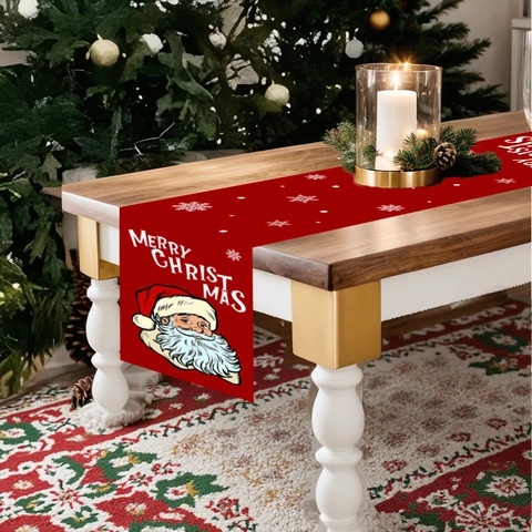 Chemin de Table Père Noël de Noël Rouge Polyester Imprimé Merry Christmas Flocon de Neige Nappe Décoration de Table de Salle à Manger Festive