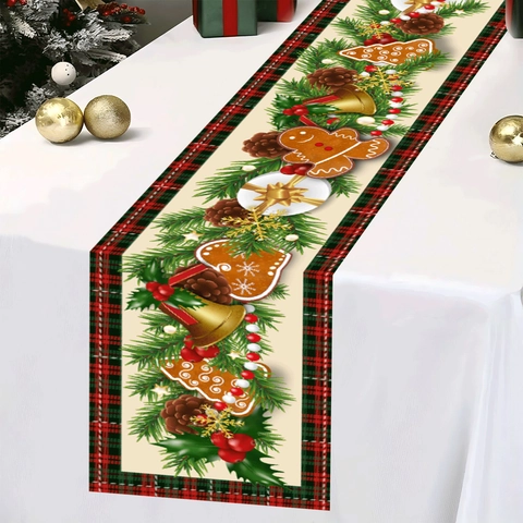 Christmas Gingerbread Man Table Runner Printed Plaid Edge High Density Wear Resistant Polyester Holiday Dining Decor