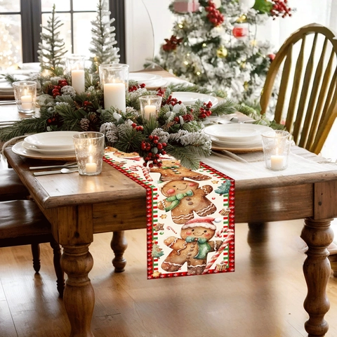 Weihnachten Lebkuchenmann Tischläufer Polyester Zuckerstange Schneeflocke Muster Für Feiertag Esstisch Deko Haus Küche Party