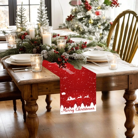 Red Christmas Table Runner Santa Claus Sleigh Snowflake Pattern Printed Polyester Reusable Festive Decoration For Dining Table