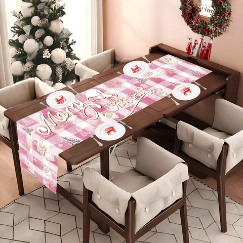 Weihnachten Rosa Weiß Gingham Tischläufer Festlich Weihnachtsmann Weihnachtsbaum Druck Heim Essen Party Dekoration Tischwäsche