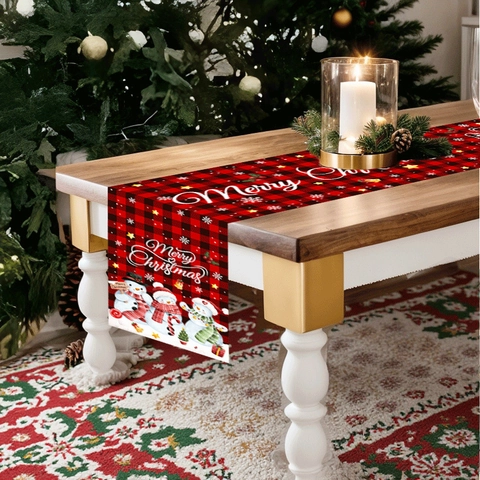 Chemin De Table De Noël Bonhomme De Neige Carreaux Buffalo Rouges Et Noirs Imprimé Merry Christmas Polyester Pour Maison