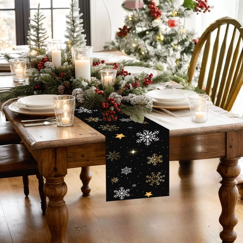 Weihnachten Tischläufer Schwarz Gold Weiß Schneeflocke Stern Muster Polyester Bedruckt Feiertag Tischdecke Haus Deko