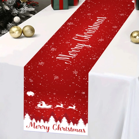 Red Christmas Table Runner Santa Claus Sleigh Snowflake Pattern Printed Polyester Reusable Festive Decoration For Dining Table