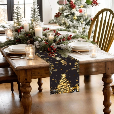 Chemin de Table de Noël Noir Or Polyester Imprimé Renne Sapin Nappe Festive pour Décoration de Fête de Salle à Manger