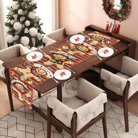 Christmas Gingerbread Man Table Runner Polyester Striped Red Green Tableware For Home Party Holiday Dining Decoration