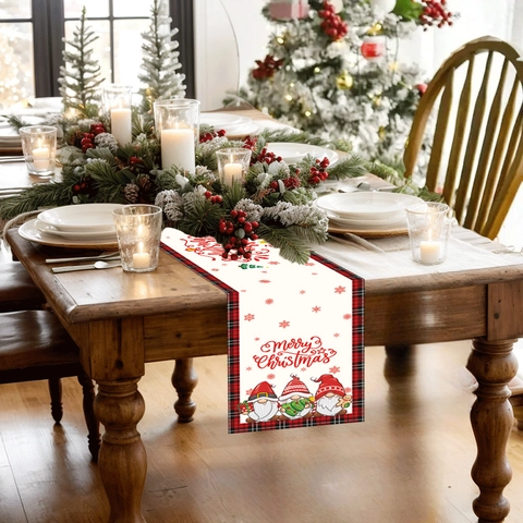 Christmas Gnome Table Runner Red Black Buffalo Plaid Merry Christmas Polyester Decorative Holiday Xmas Dining Table Decor