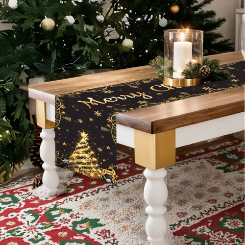 Chemin de Table de Noël Noir Or Polyester Imprimé Renne Sapin Nappe Festive pour Décoration de Fête de Salle à Manger