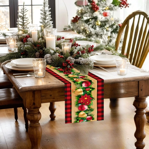 Runner Da Tavolo Natalizio Quadri Buffalo Poliestere Stampato Poinsettia Campane Floreale Decorazione Per Tavola Da Pranzo