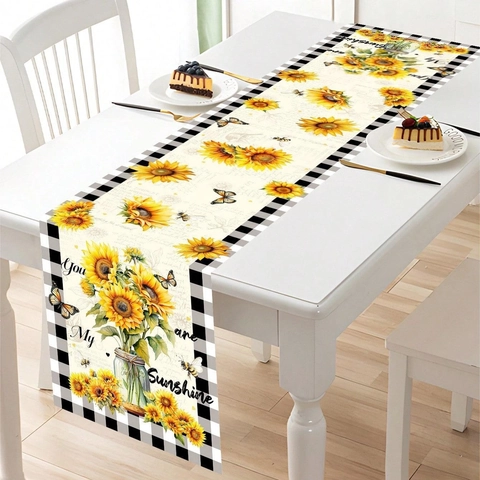 Zonnebloem Vlinder Tafelloper Rustieke Houtnerf Bedrukt Tafeldecoratie Voor Keuken Eetkamer Feest Decoratief Polyester Tafelloper