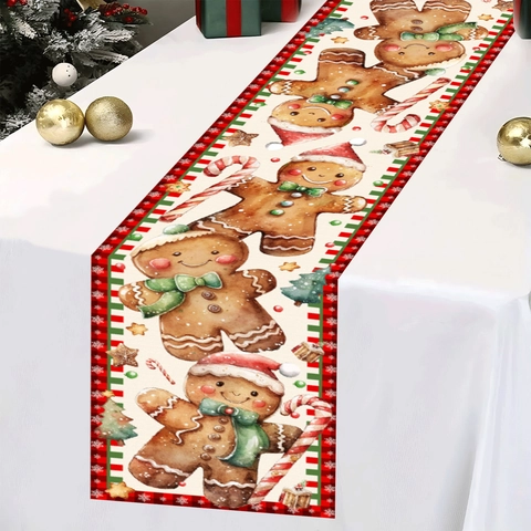 Weihnachten Lebkuchenmann Tischläufer Polyester Zuckerstange Schneeflocke Muster Für Feiertag Esstisch Deko Haus Küche Party